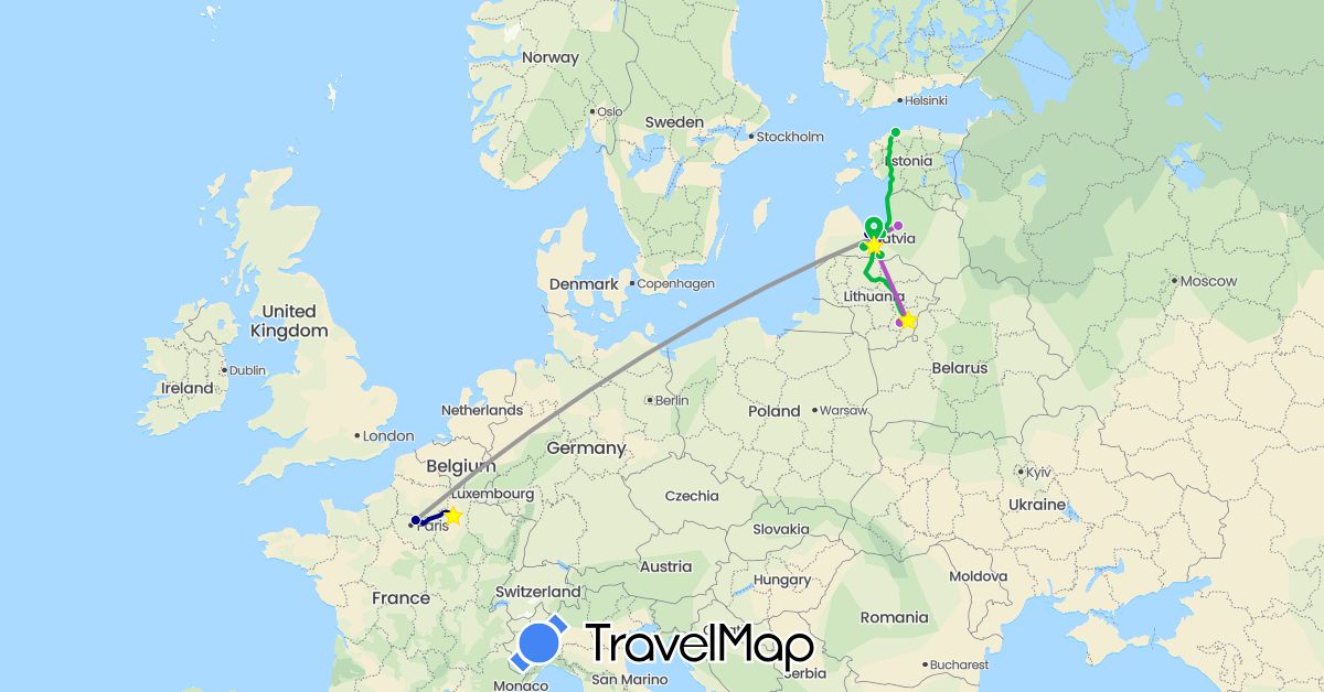 TravelMap itinerary: driving, bus, plane, train in Estonia, France, Lithuania, Latvia (Europe)